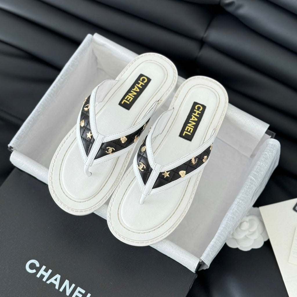 CHANEL Double C Thong Sandals Lambskin White Black
