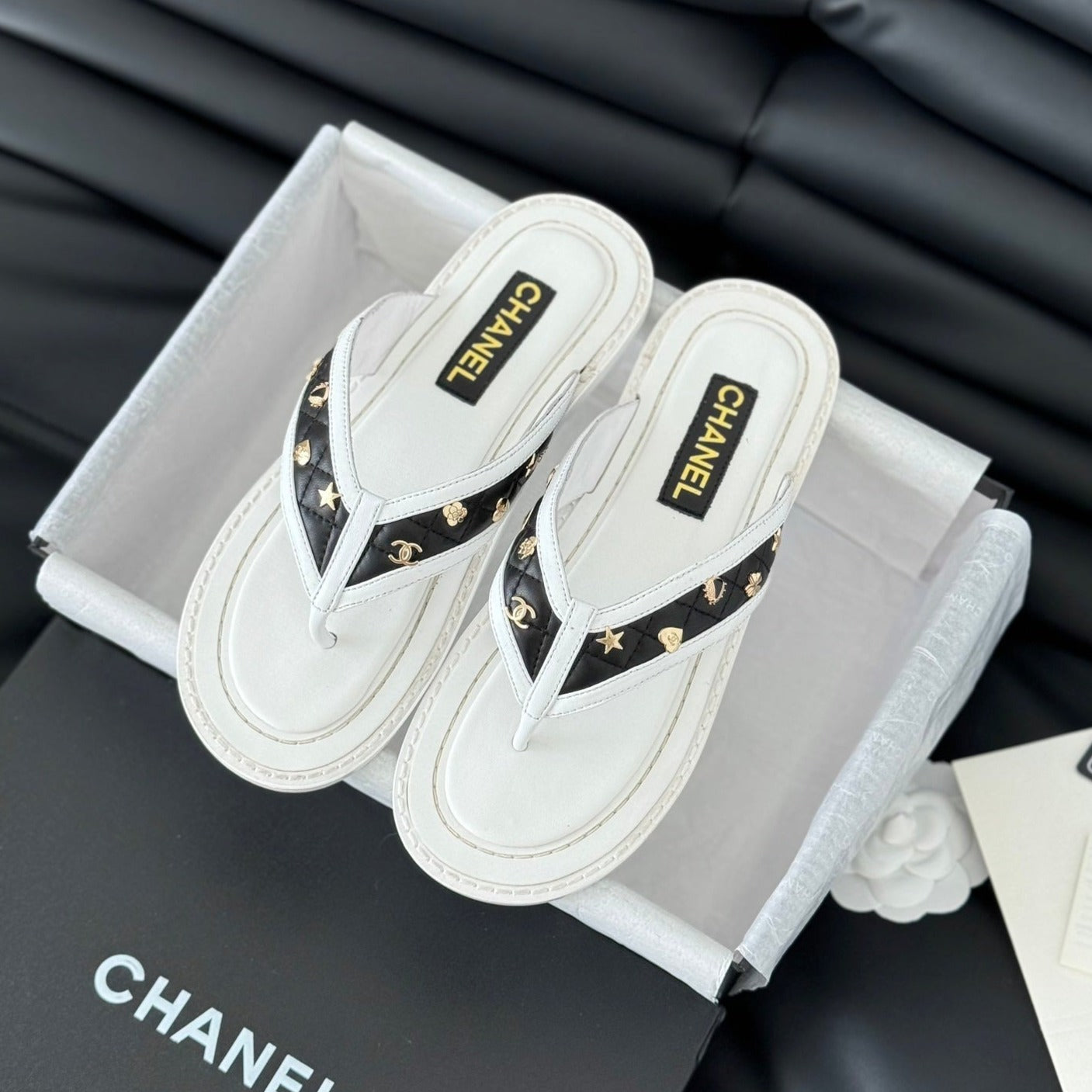 CHANEL Double C Thong Sandals Lambskin White Black