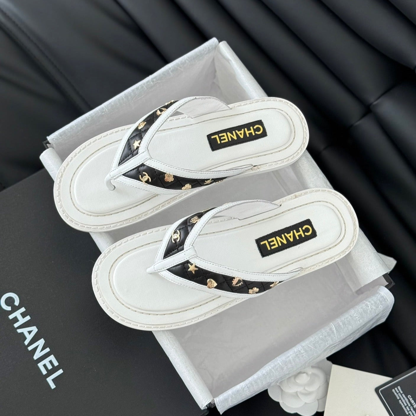 CHANEL Double C Thong Sandals Lambskin White Black