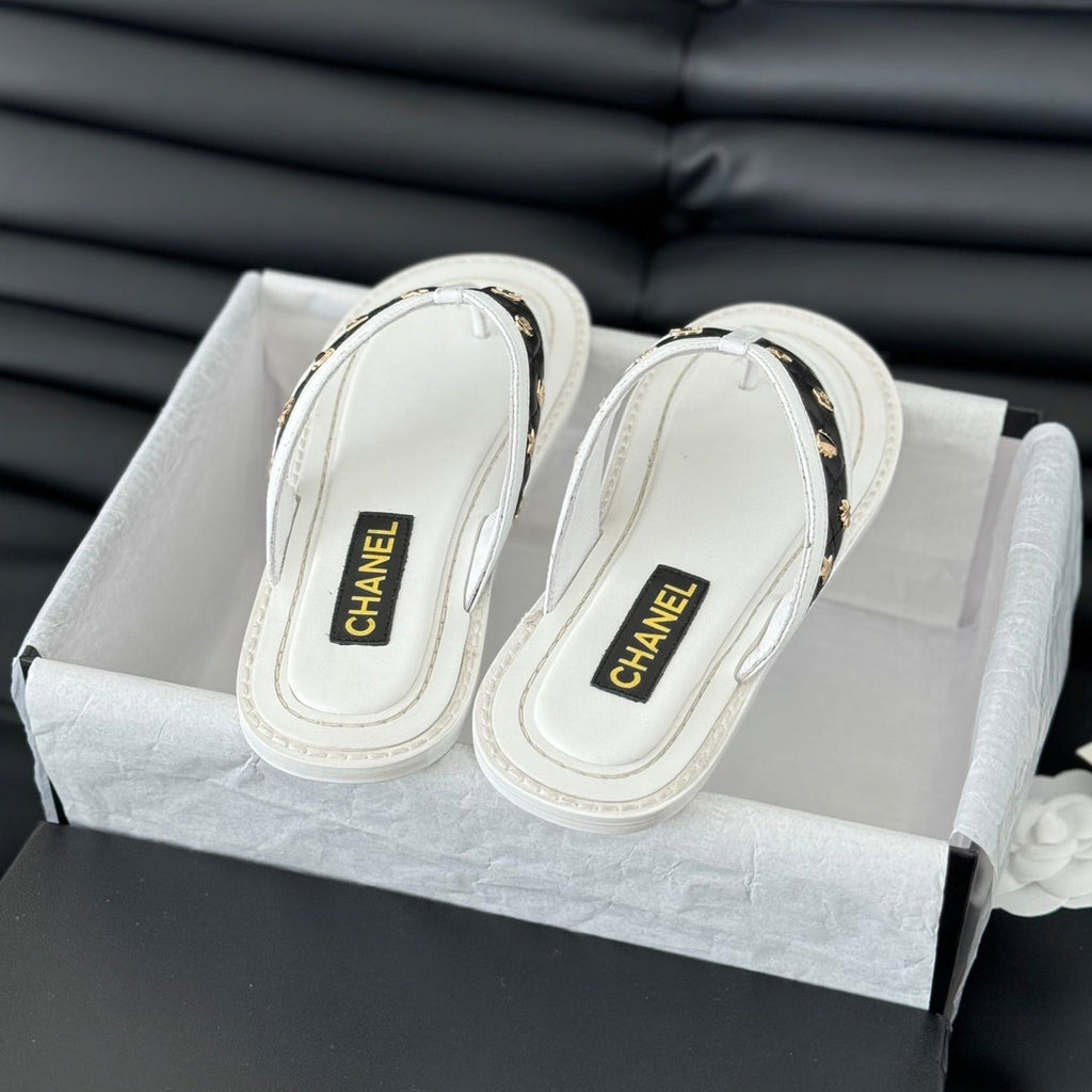 CHANEL Double C Thong Sandals Lambskin White Black