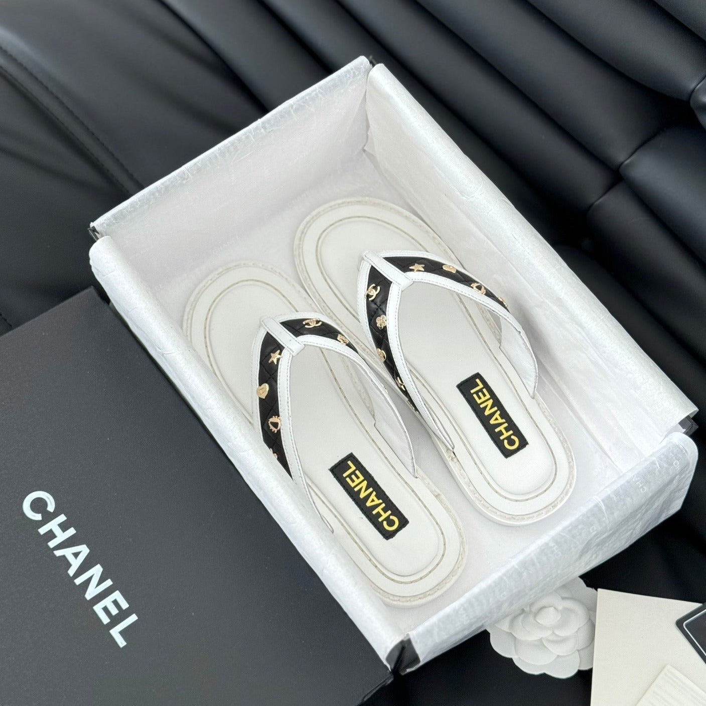 CHANEL Double C Thong Sandals Lambskin White Black