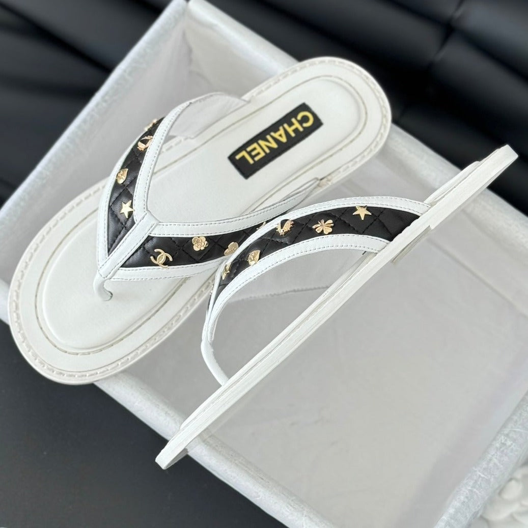 CHANEL Double C Thong Sandals Lambskin White Black