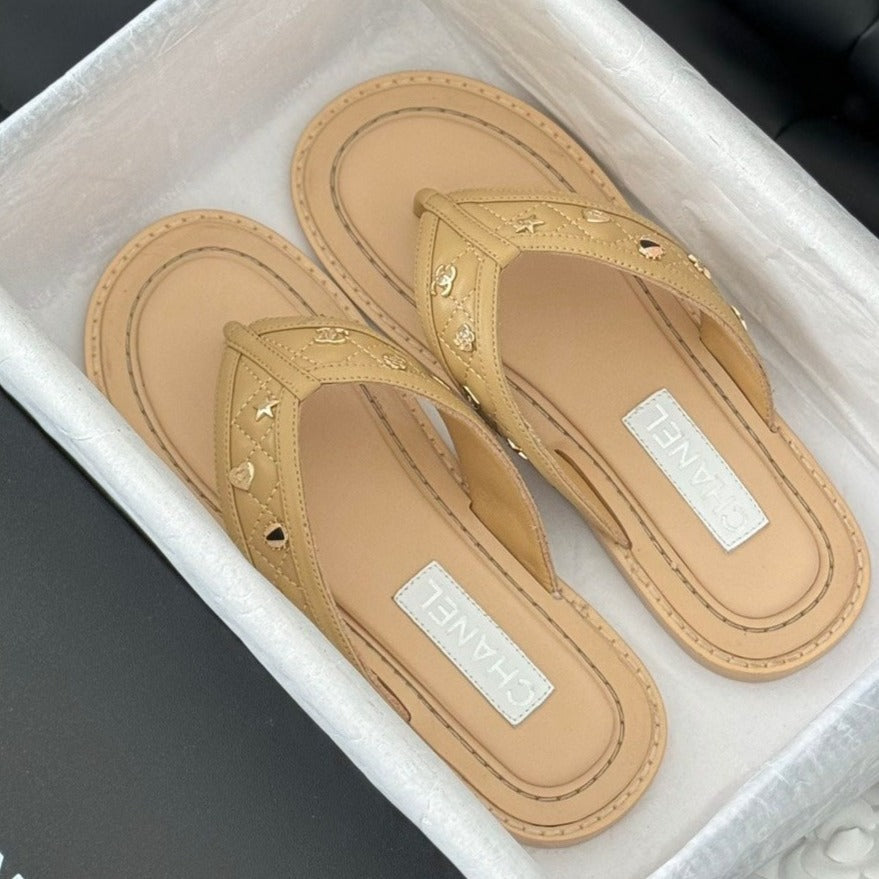 CHANEL Double C Thong Sandals Lambskin Tan Brown