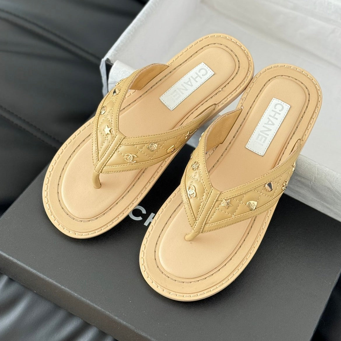 CHANEL Double C Thong Sandals Lambskin Tan Brown