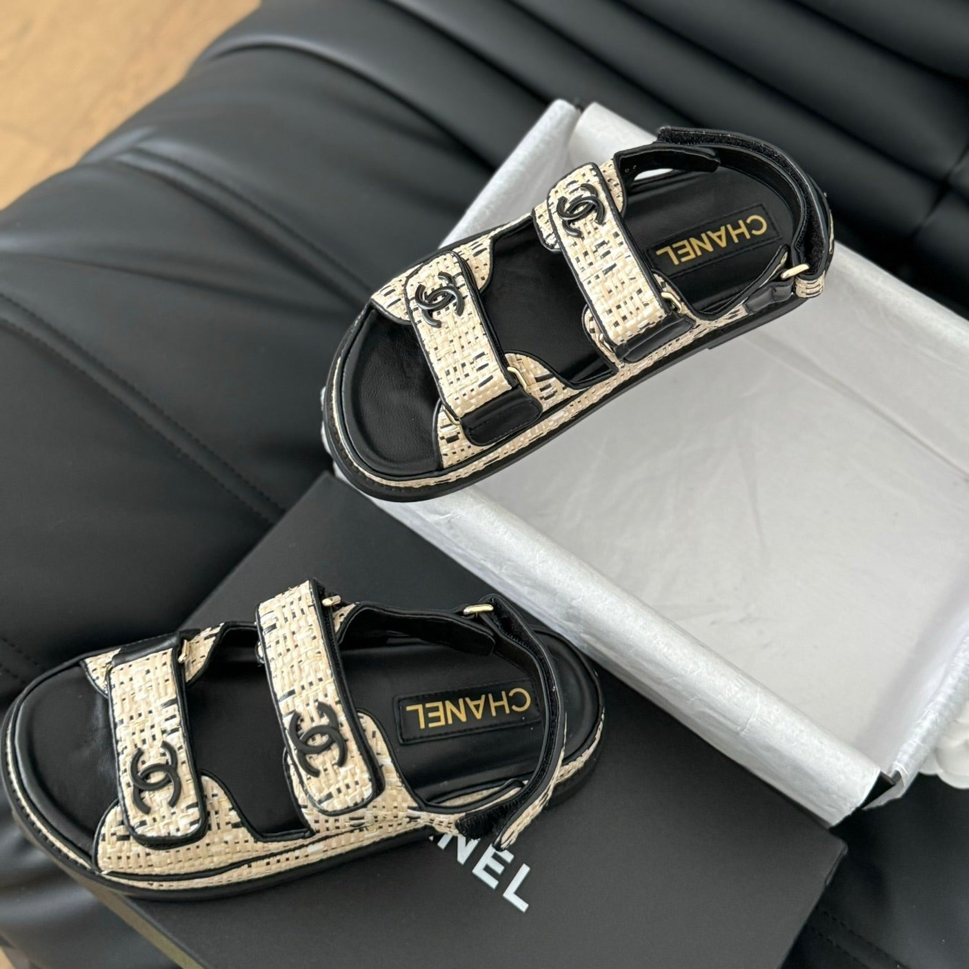 CHANEL Dad Sandals Sheepskin  Beige Black