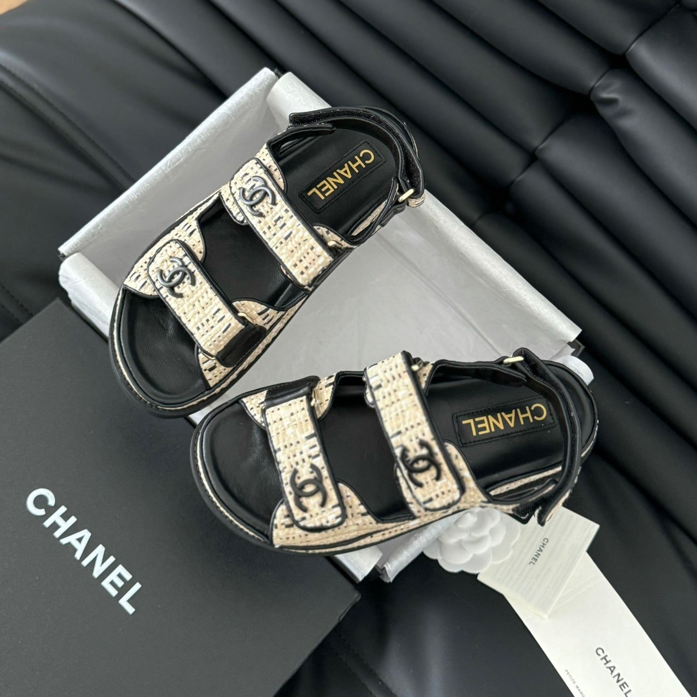 CHANEL Dad Sandals Sheepskin  Beige Black