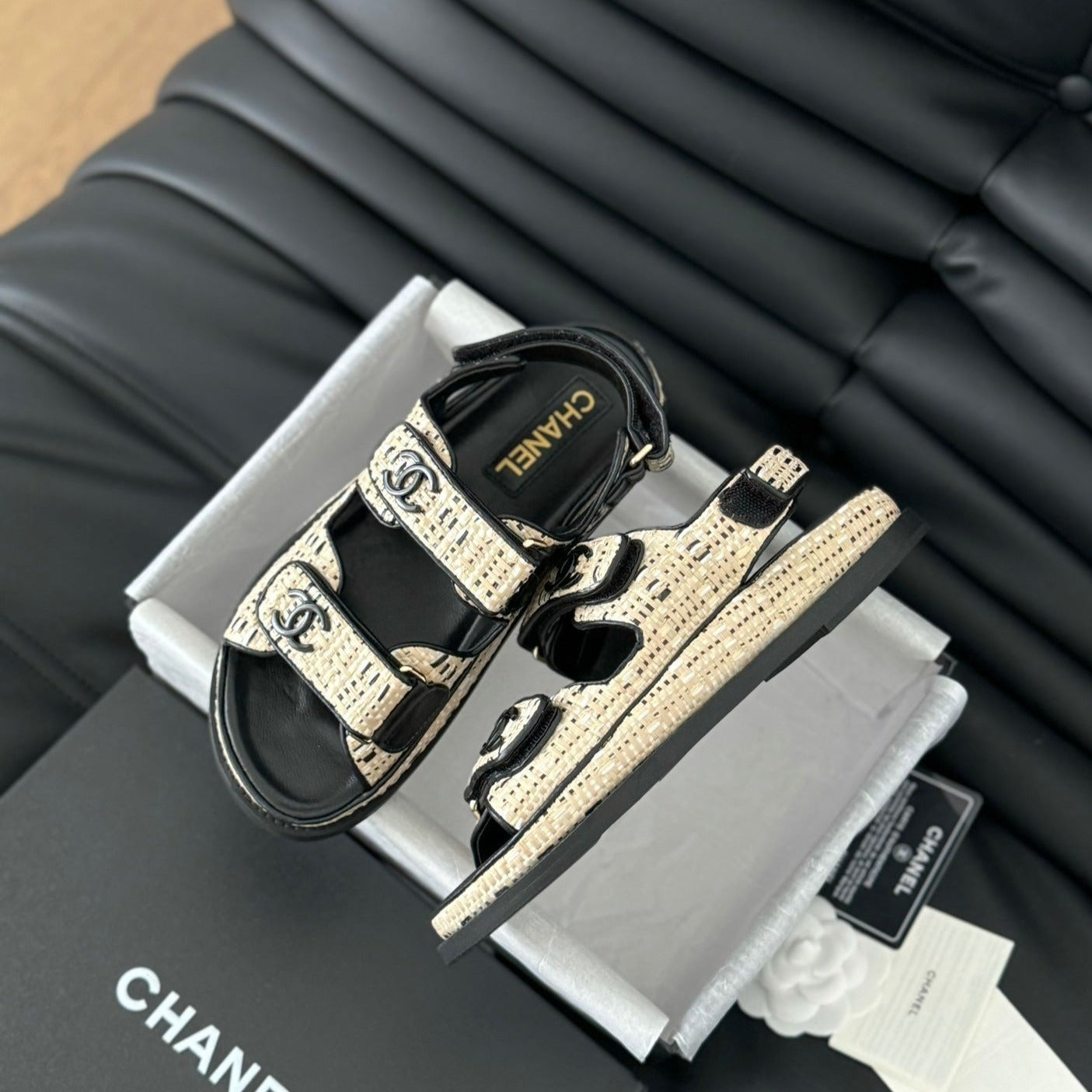 CHANEL Dad Sandals Sheepskin  Beige Black