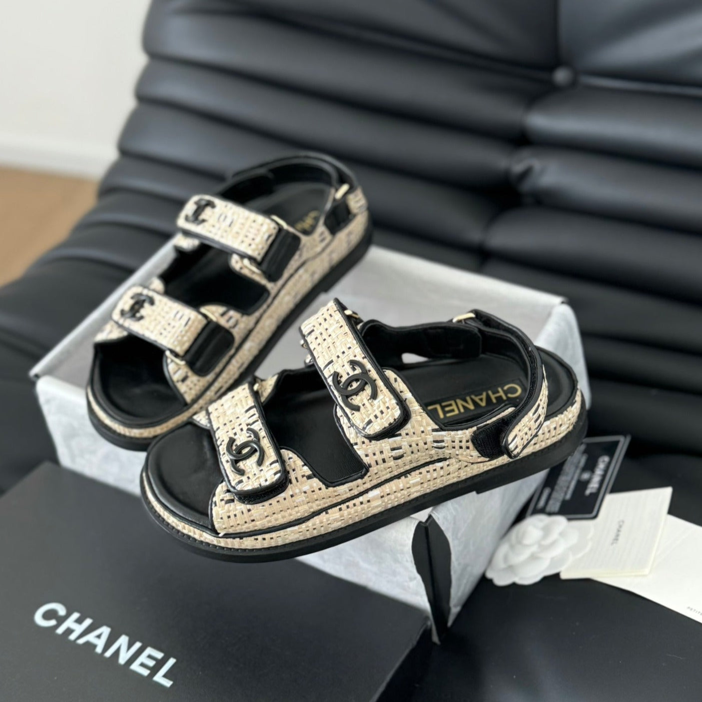 CHANEL Dad Sandals Sheepskin  Beige Black