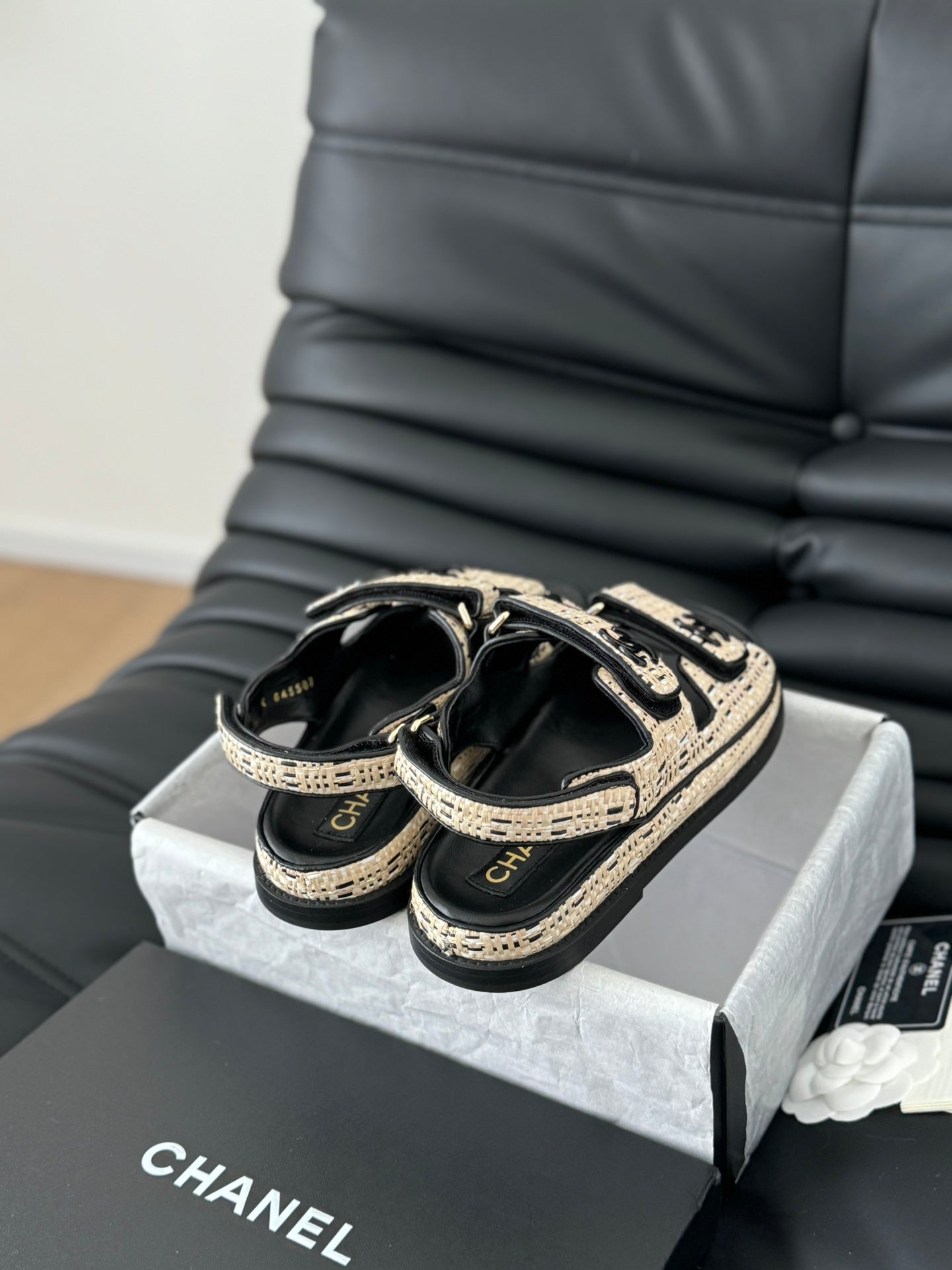CHANEL Dad Sandals Sheepskin  Beige Black