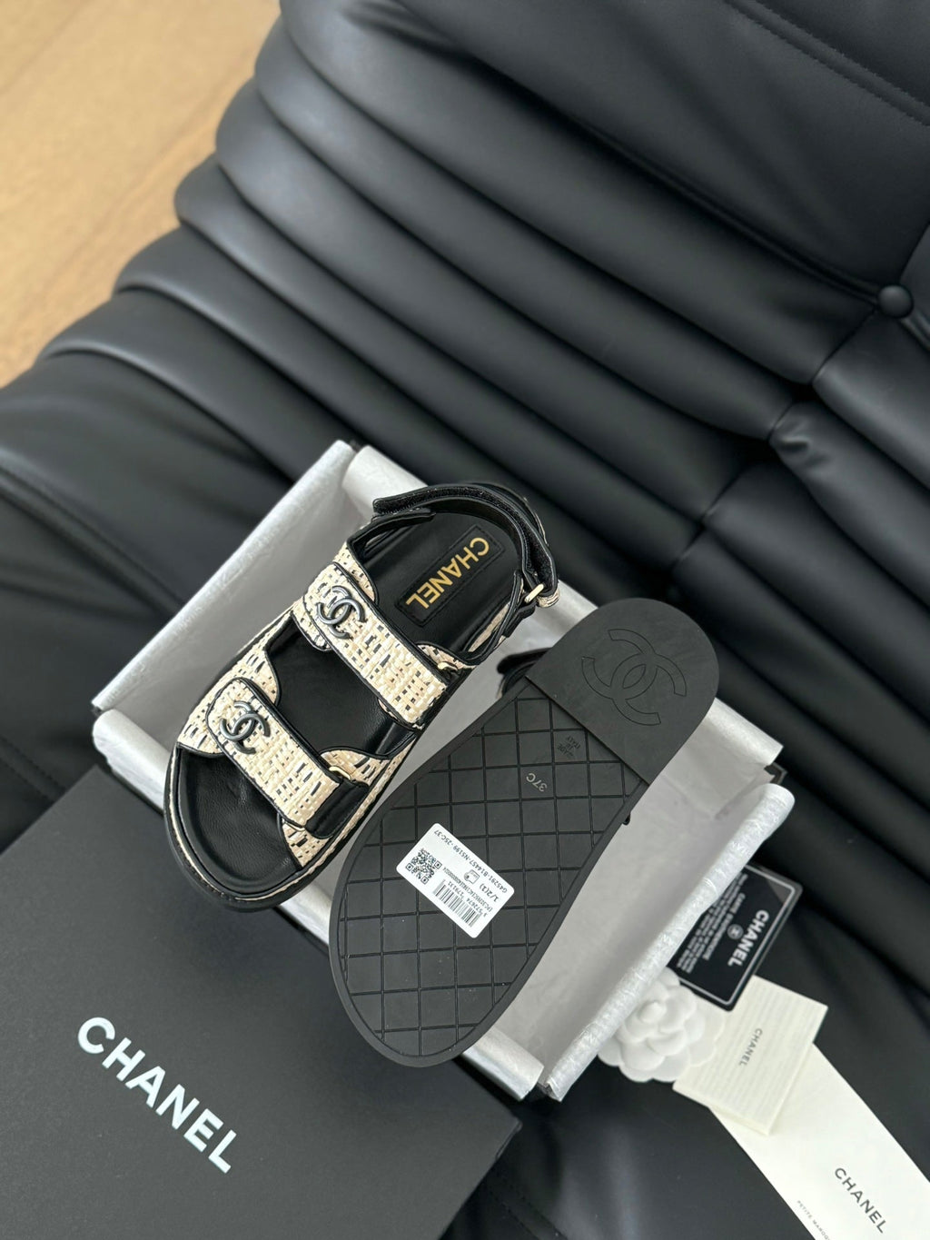 CHANEL Dad Sandals Sheepskin  Beige Black