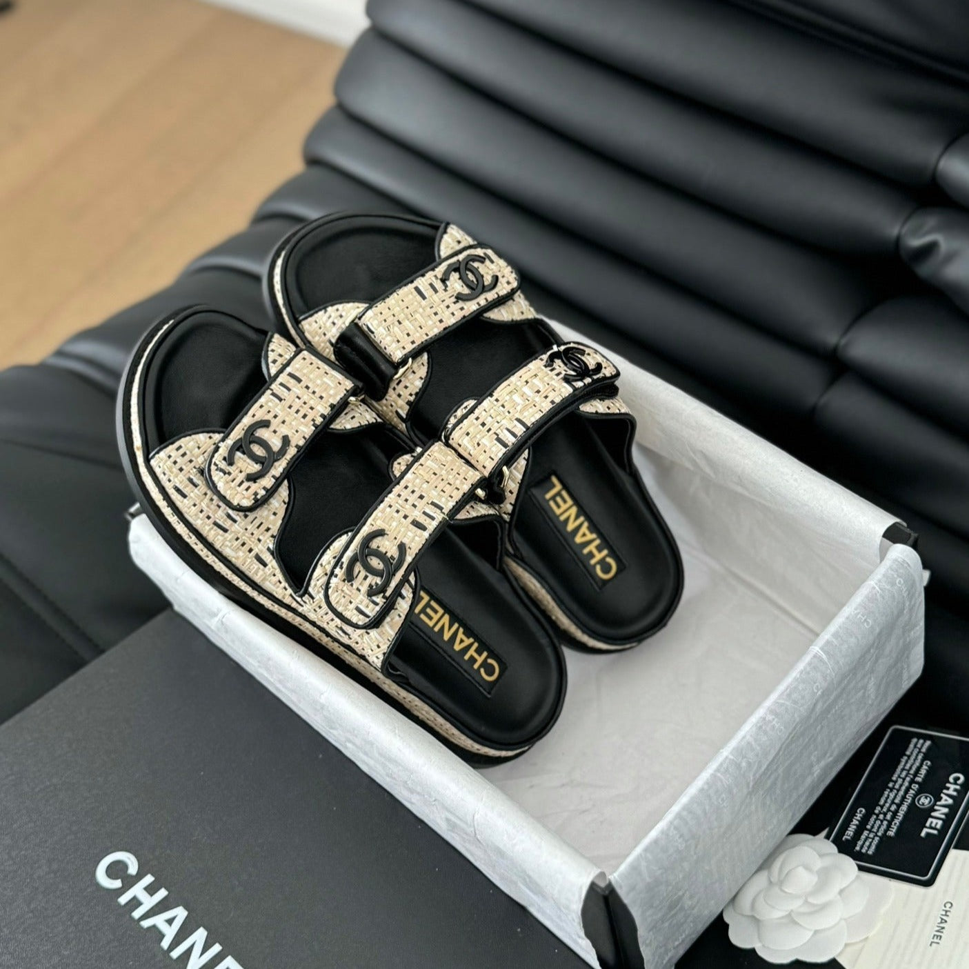 CHANEL Mule Sandals Sheepskin Beige Black