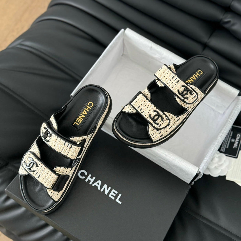 CHANEL Mule Sandals Sheepskin Beige Black