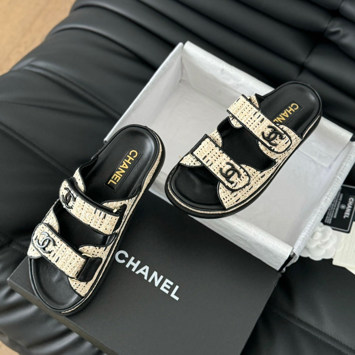 CHANEL Mule Sandals Sheepskin Beige Black