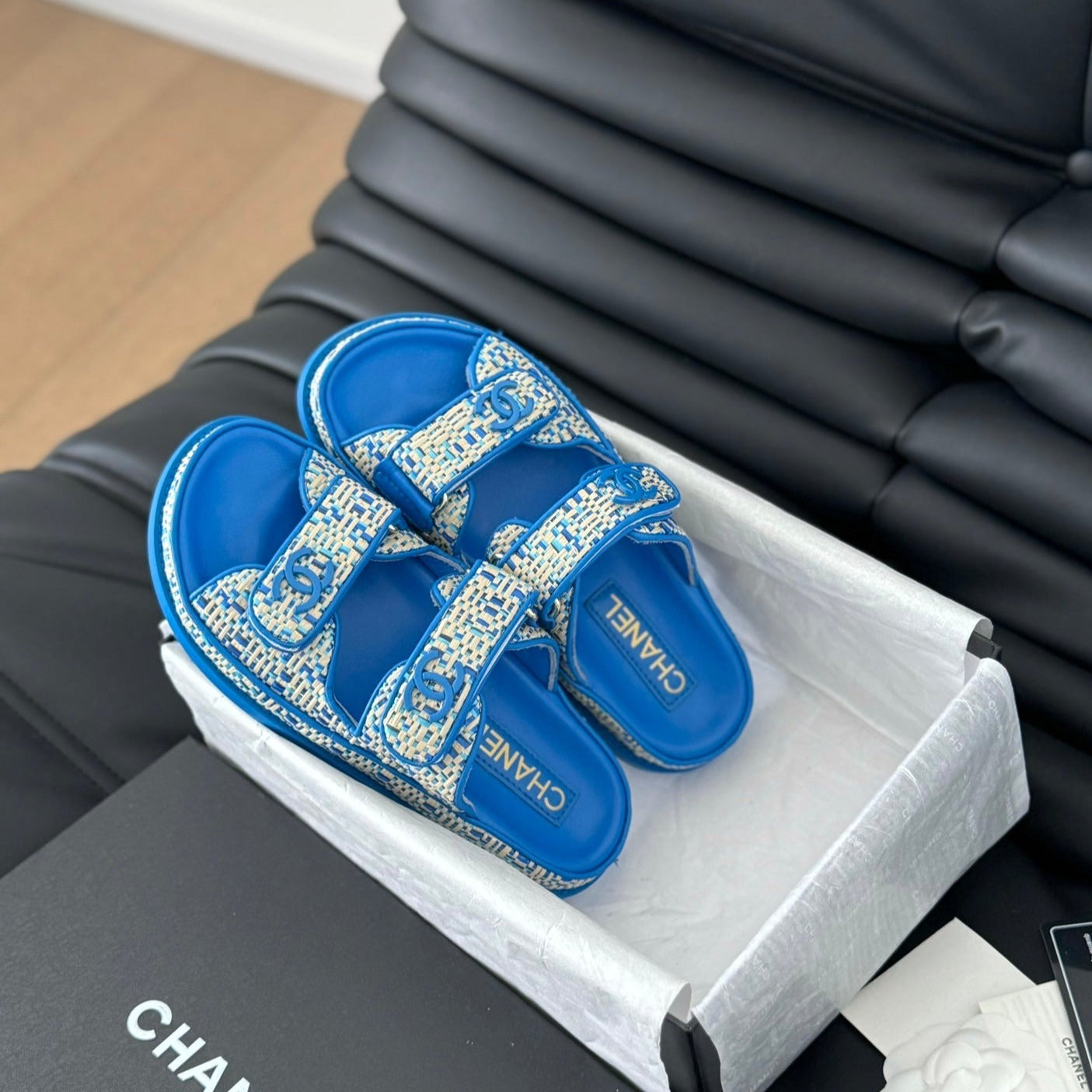 CHANEL Mule Sandanls Sheepskin Cobalt Blue