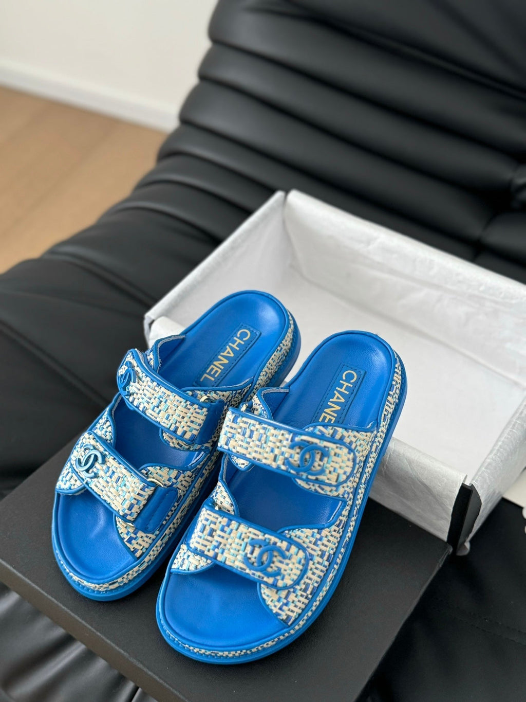 CHANEL Mule Sandanls Sheepskin Cobalt Blue