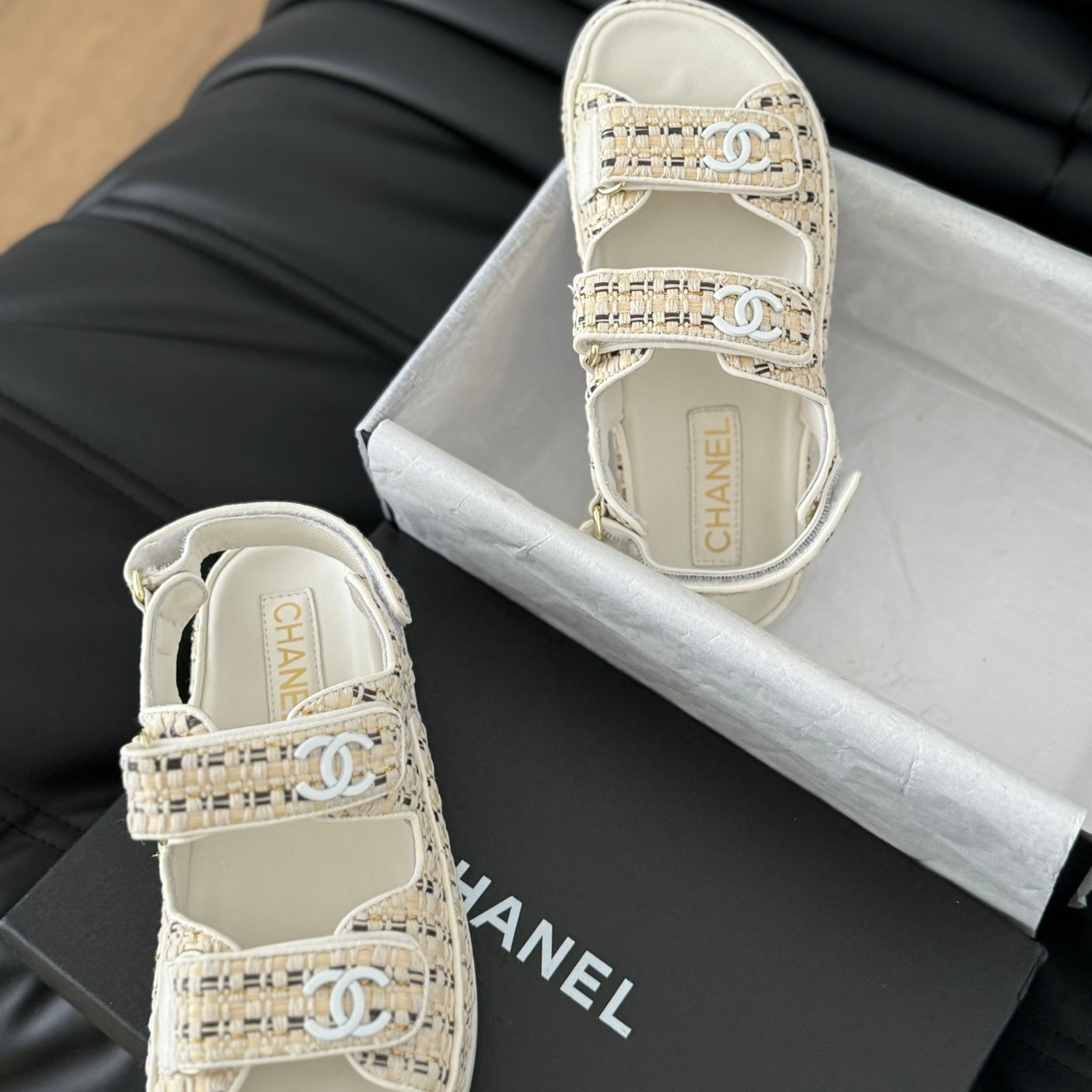 CHANEL Dad Sandals Sheepskin Beige Cream