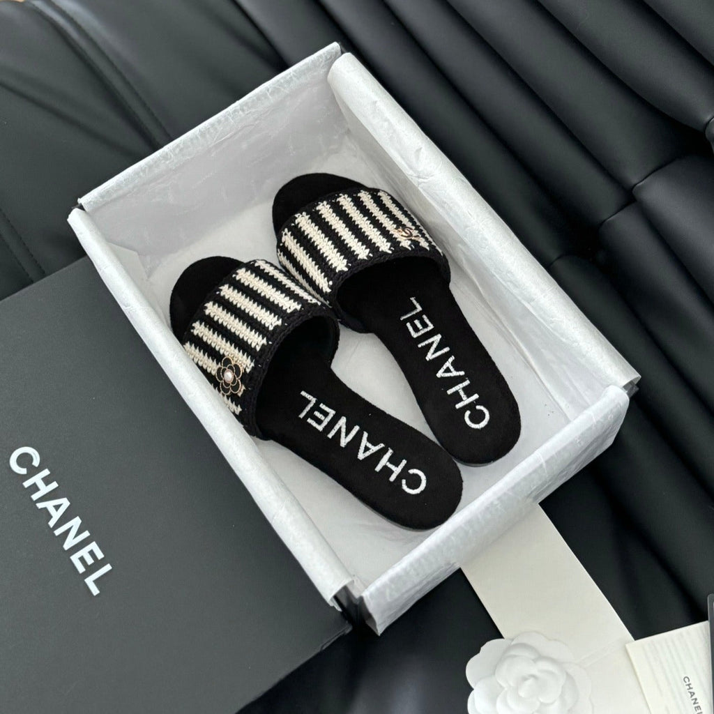 CHANEL Sheepskins Knit Slippers Black White