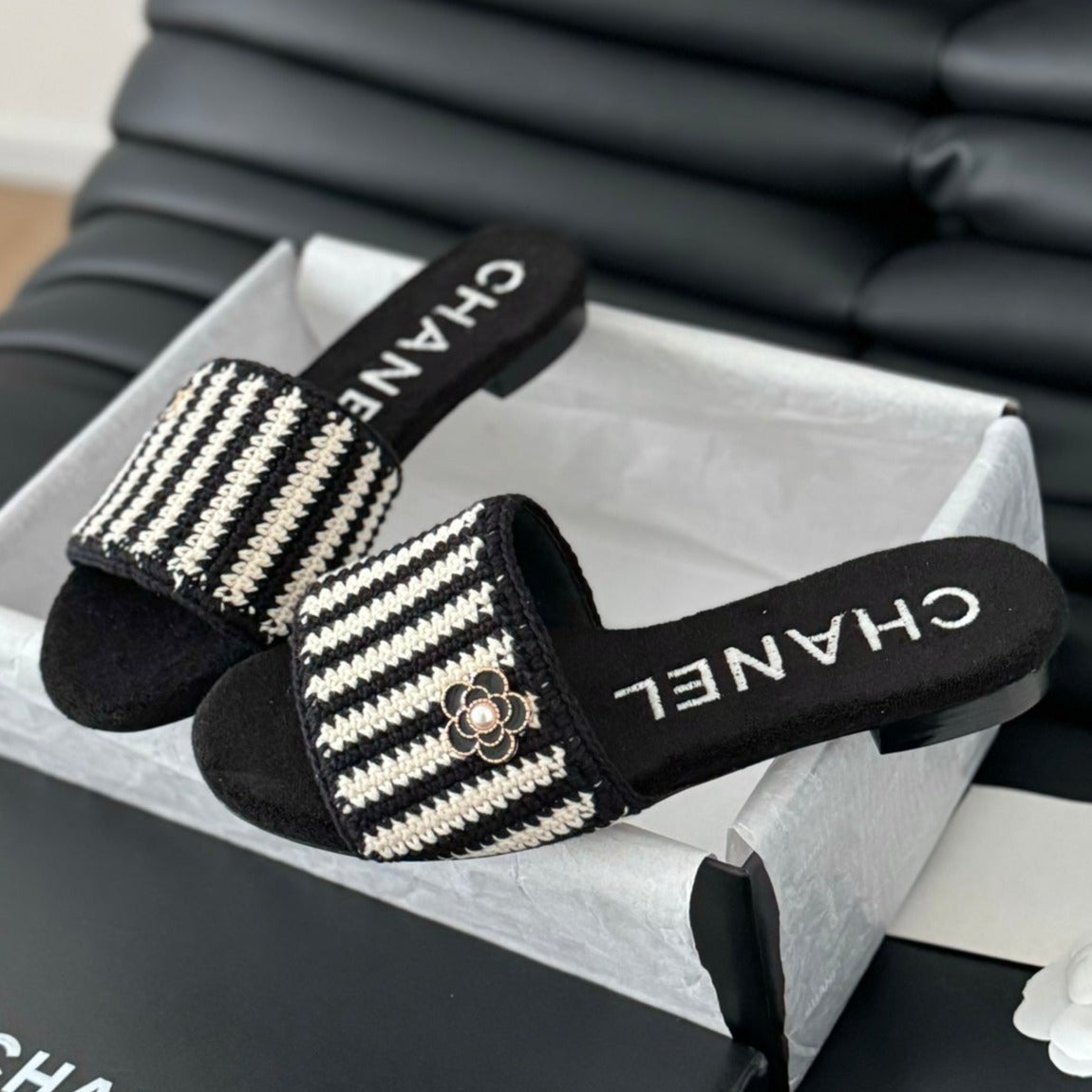 CHANEL Sheepskins Knit Slippers Black White