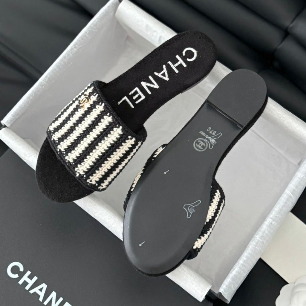 CHANEL Sheepskins Knit Slippers Black White