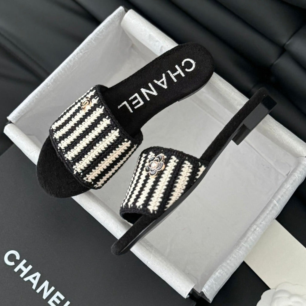 CHANEL Sheepskins Knit Slippers Black White
