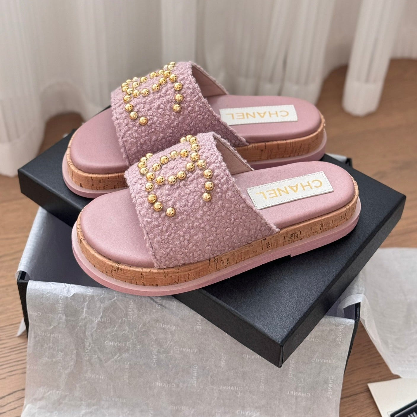 CHANEL Slippers Platform Lambskin Turkish Rose