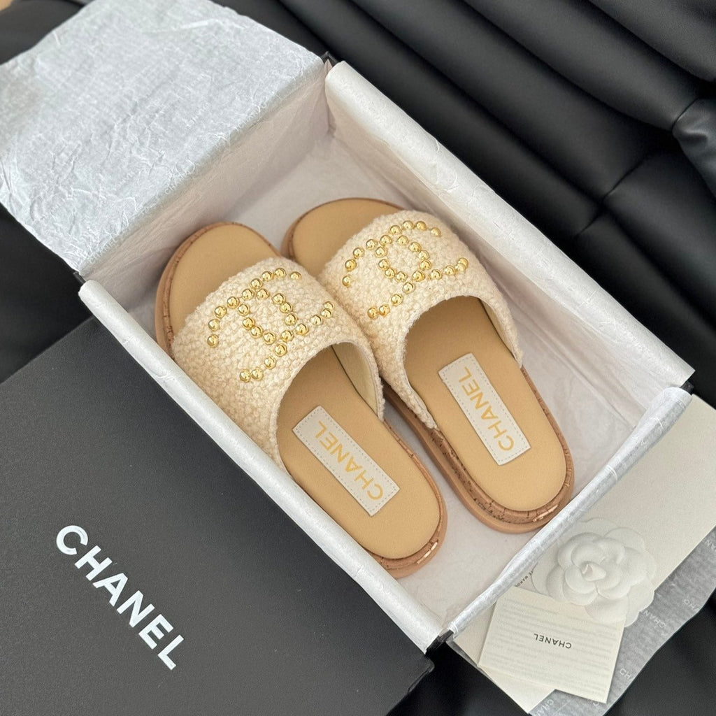 CHANEL Slippers Platform Lambskin Beige Cream