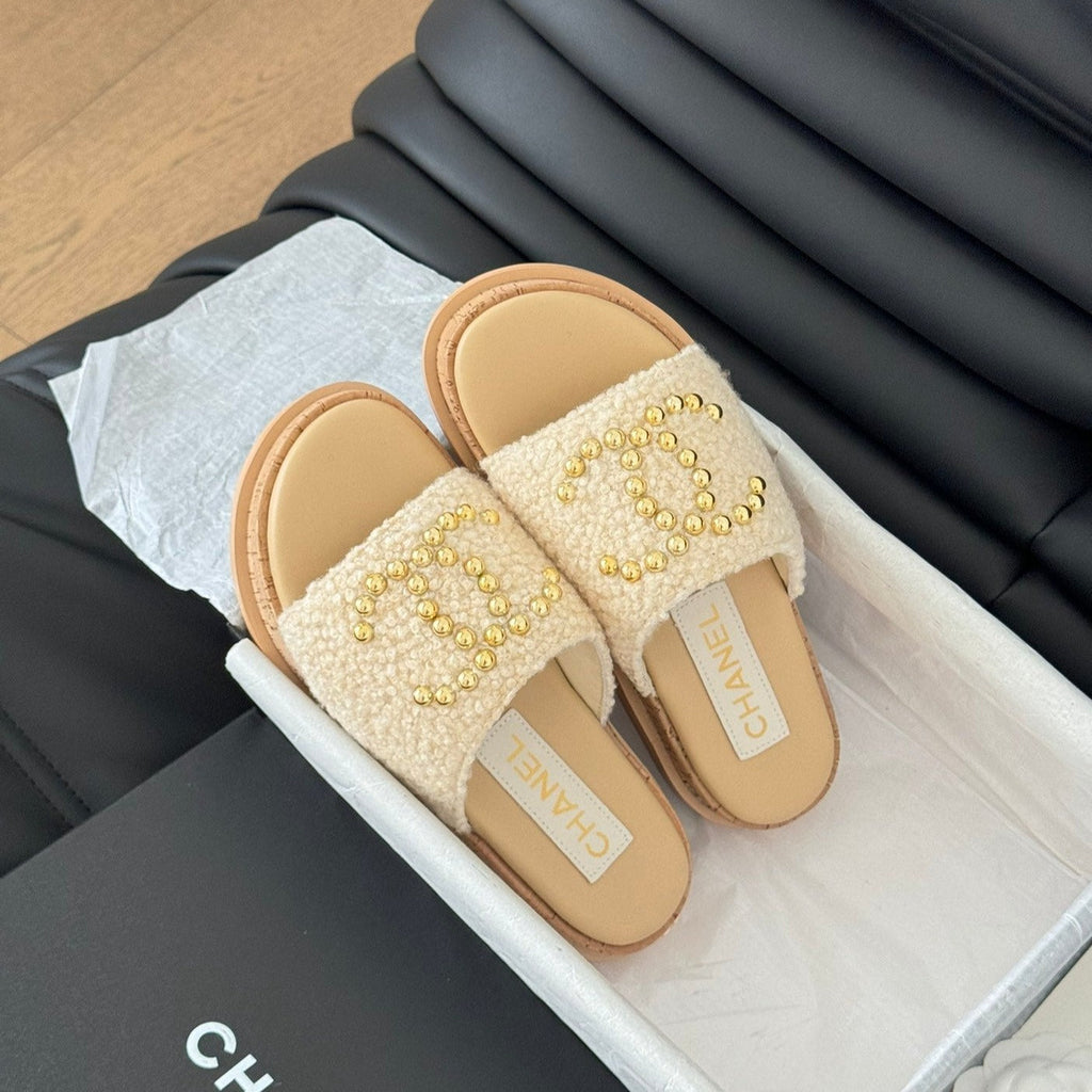 CHANEL Slippers Platform Lambskin Beige Cream