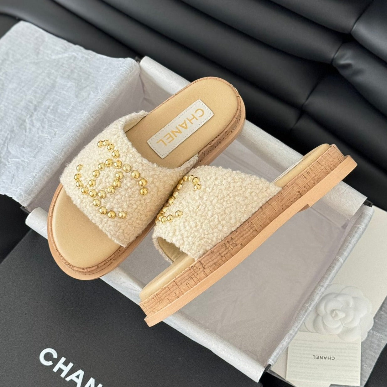 CHANEL Slippers Platform Lambskin Beige Cream