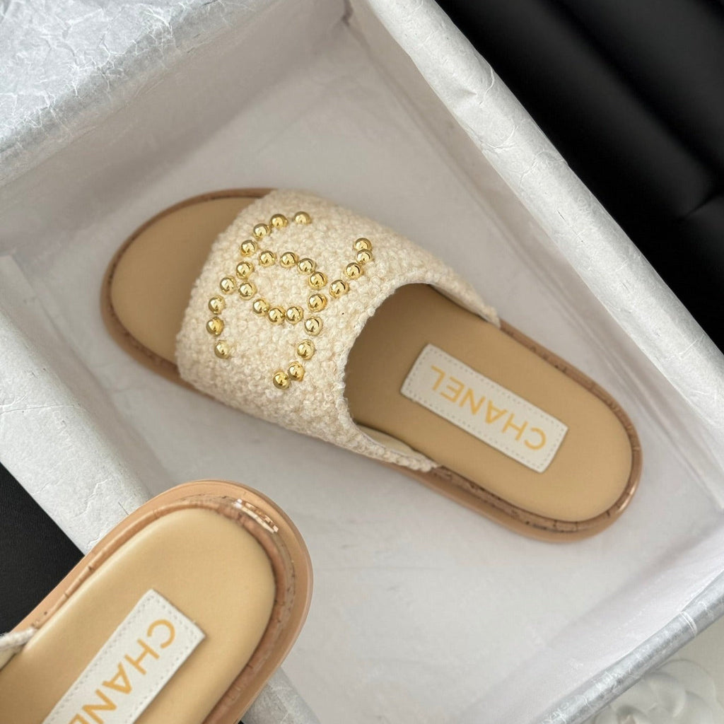 CHANEL Slippers Platform Lambskin Beige Cream