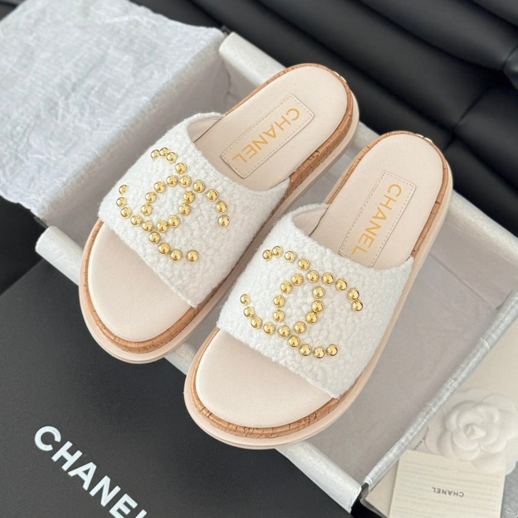 CHANEL Slippers Platform Lambskin White Cream