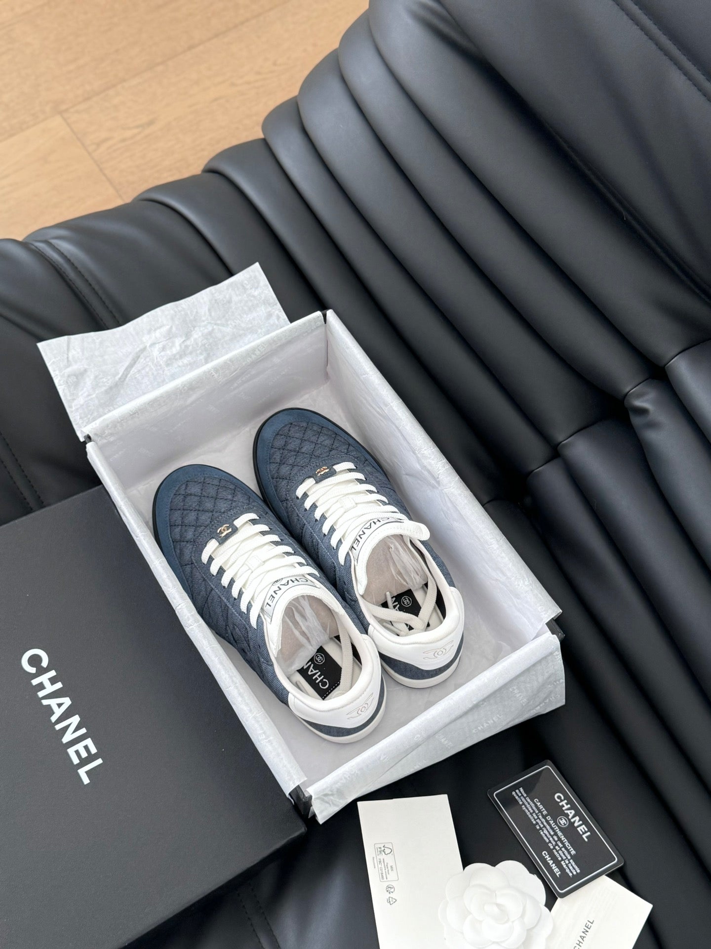 CHANEL SNEAKER IN AEGEAN BLUE MIX WHITE EMBROIDERED LAMBSKIN