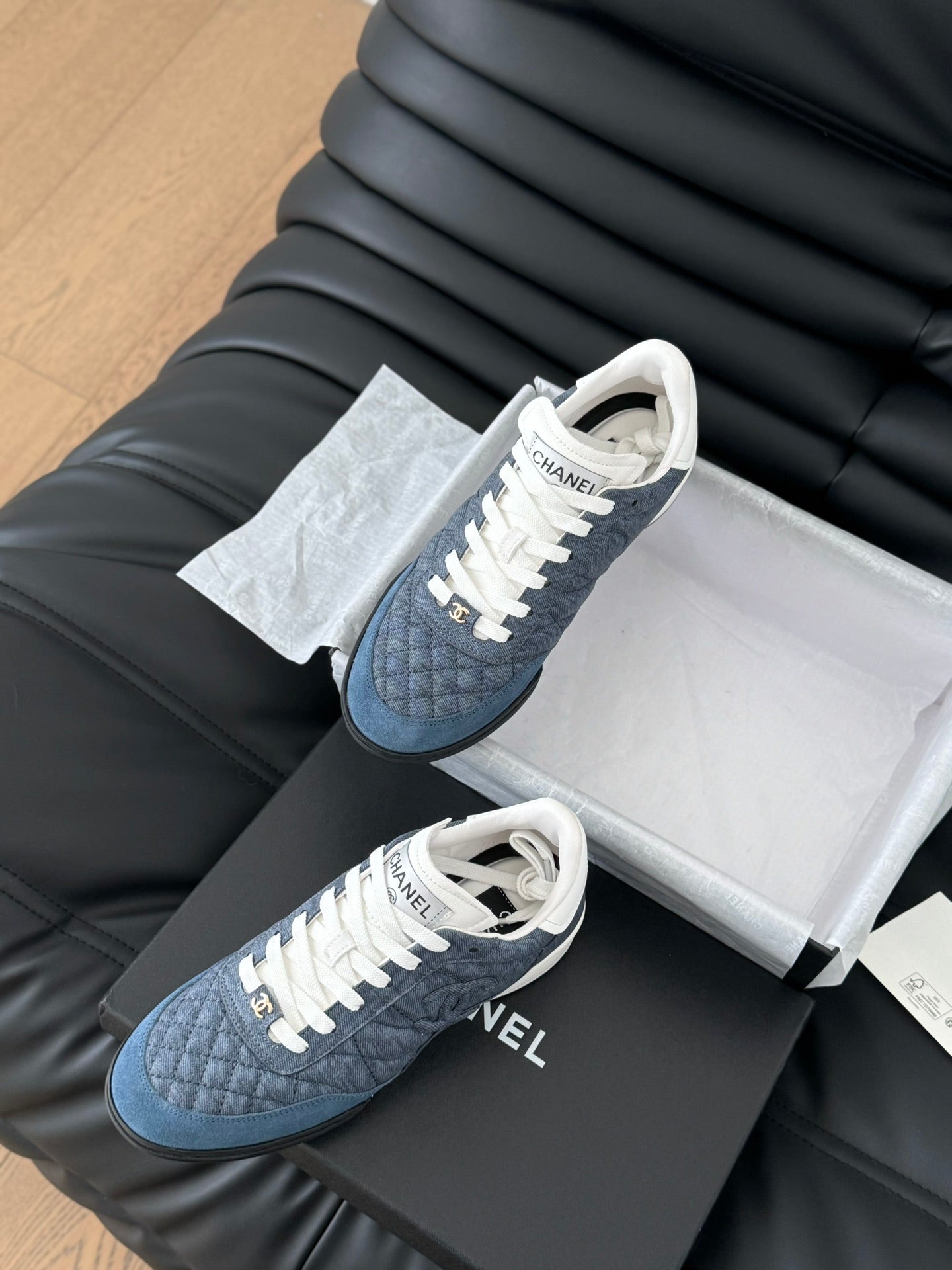 CHANEL SNEAKER IN AEGEAN BLUE MIX WHITE EMBROIDERED LAMBSKIN