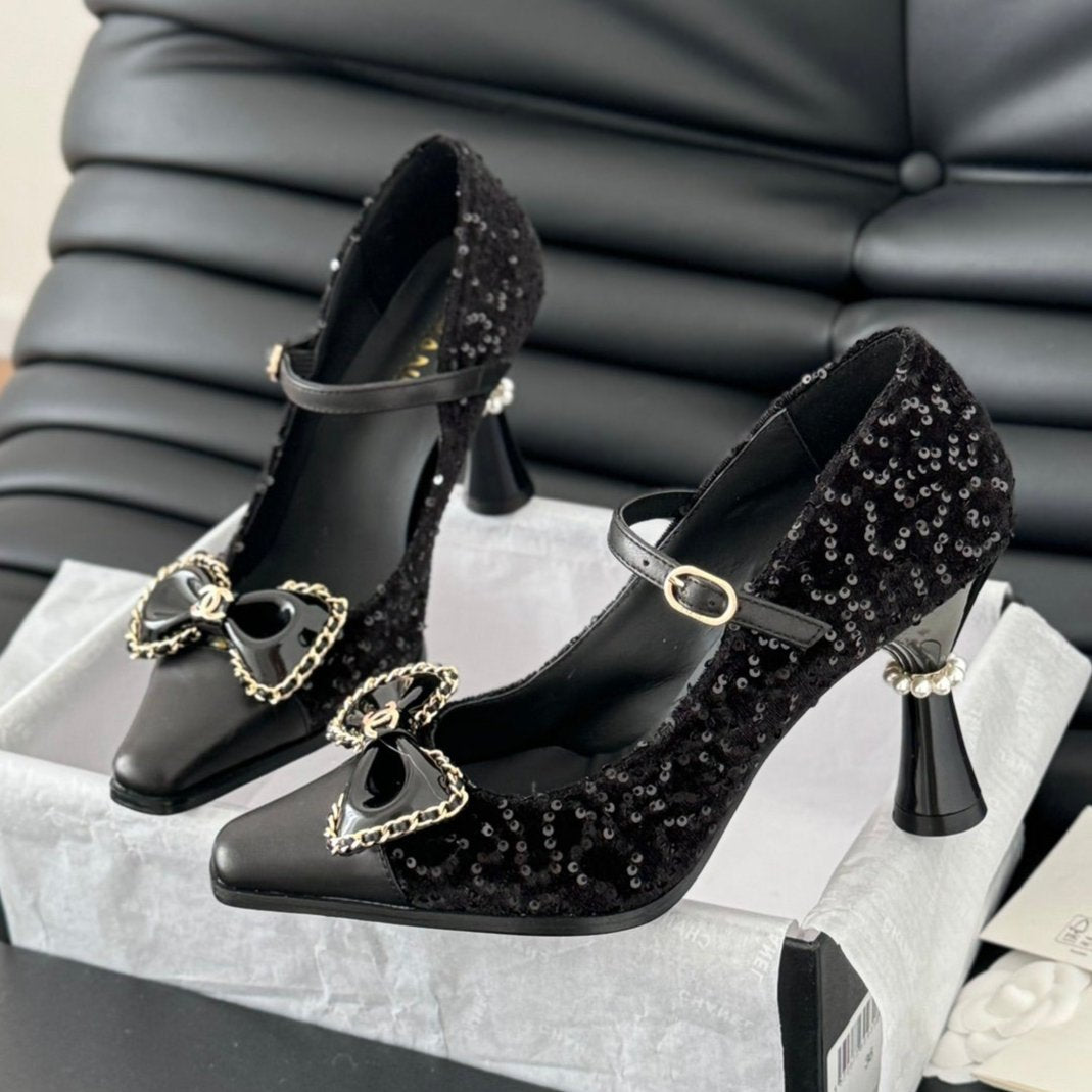 CHANEL POINTED TOE HIGH HEELS IN BLACK VELVET AND LAMBSKIN GOLD HARDWARE
