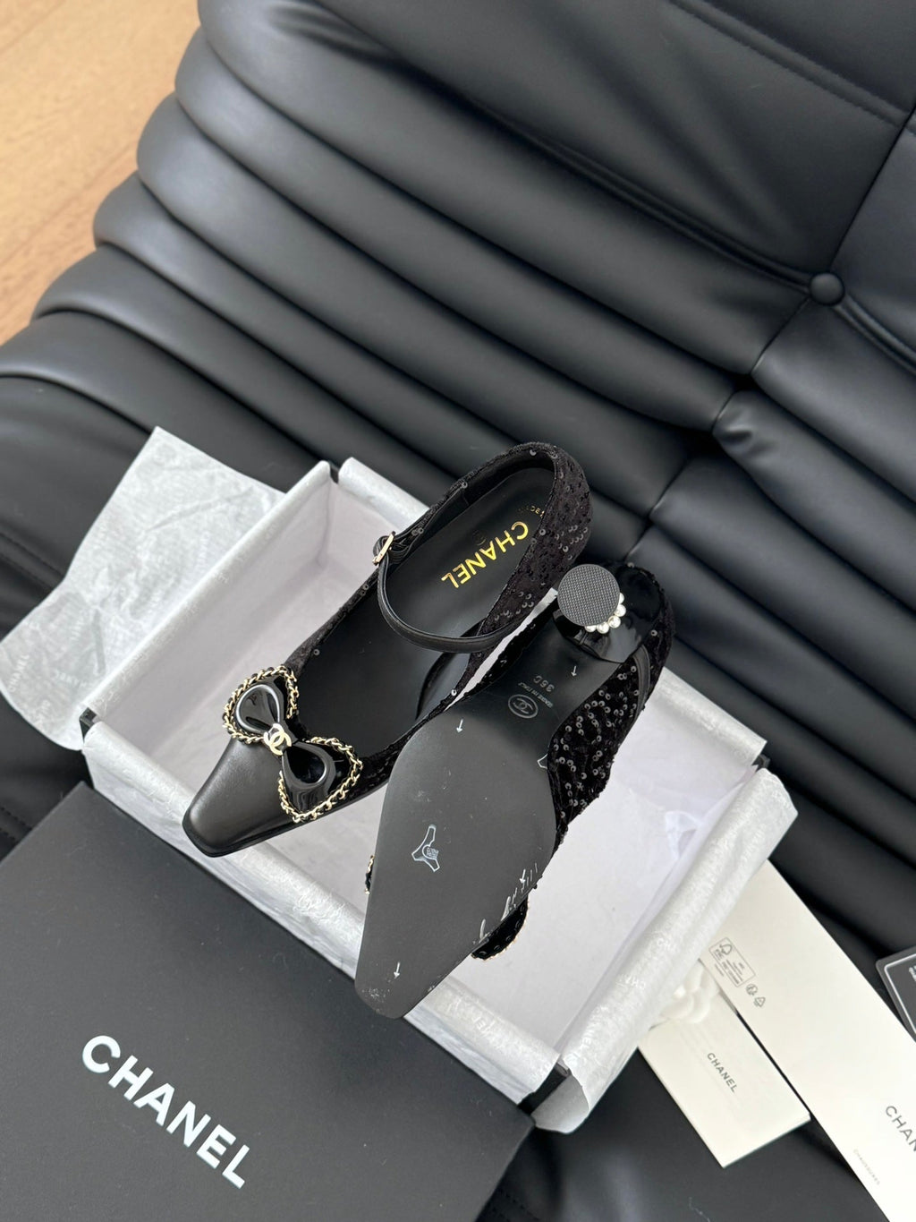 CHANEL POINTED TOE HIGH HEELS IN BLACK VELVET AND LAMBSKIN GOLD HARDWARE