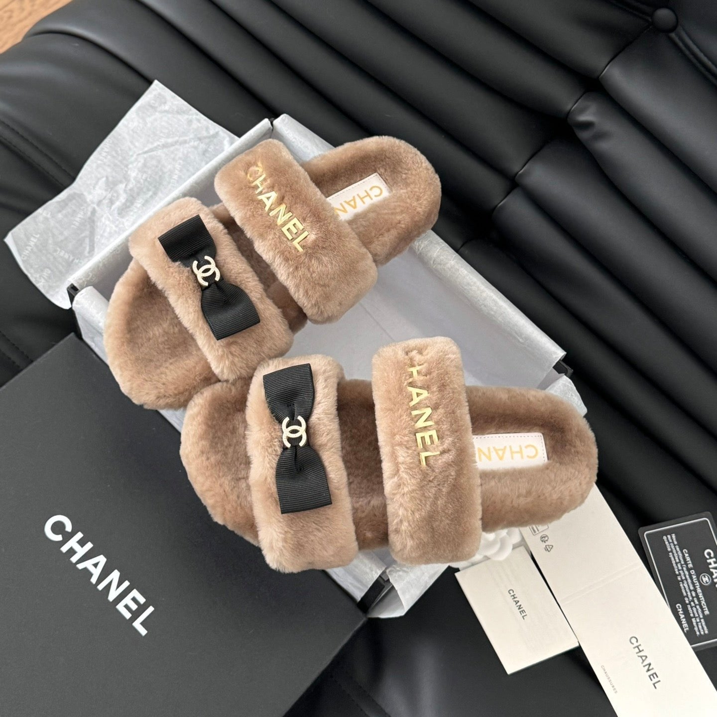 CHANEL DAD SANDAL MULE IN CAMEL BROWN FLEECE WITH GOLD HARDWARE