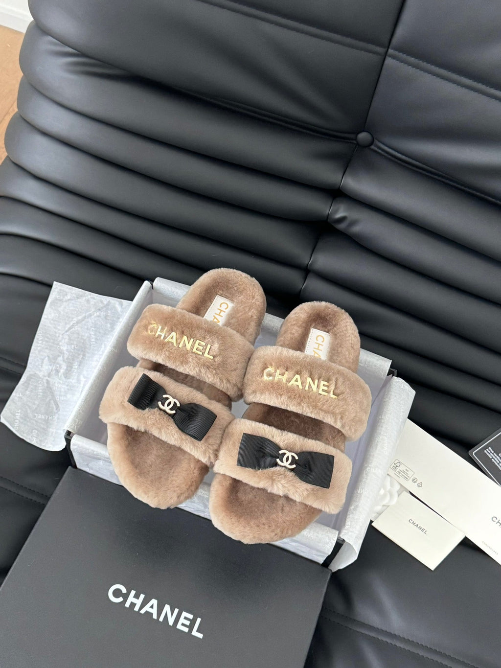 CHANEL DAD SANDAL MULE IN CAMEL BROWN FLEECE WITH GOLD HARDWARE
