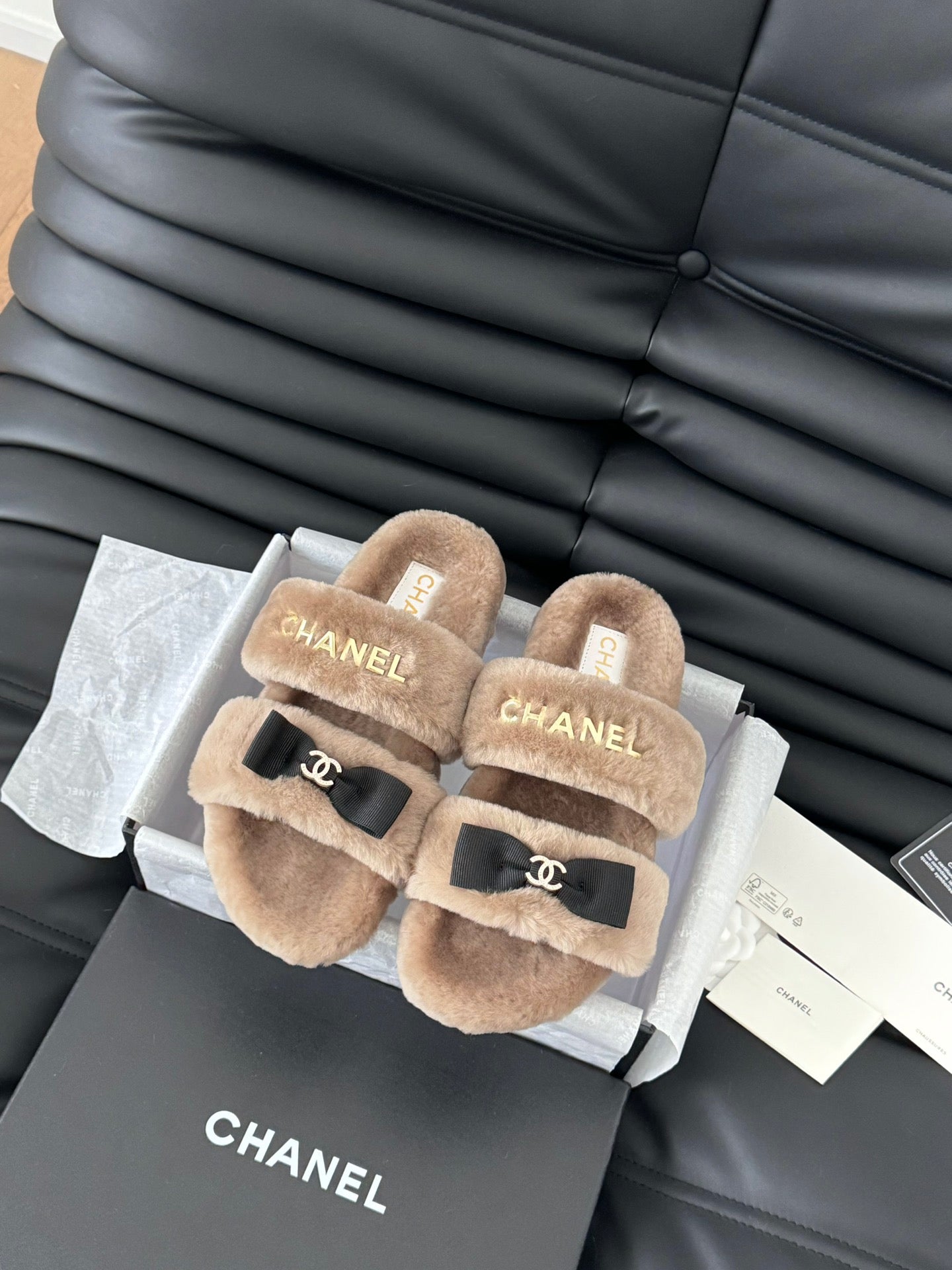 CHANEL DAD SANDAL MULE IN CAMEL BROWN FLEECE WITH GOLD HARDWARE