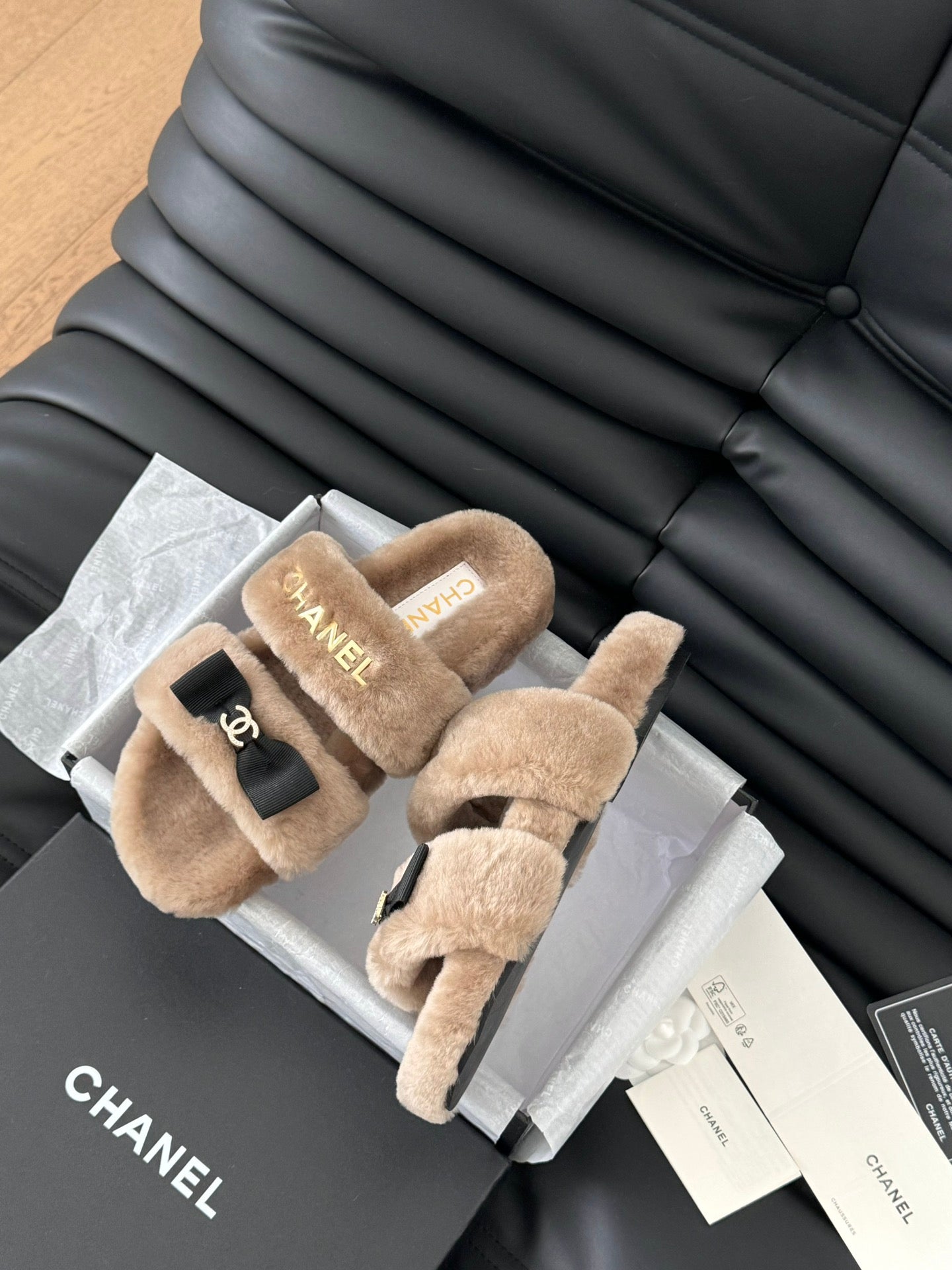 CHANEL DAD SANDAL MULE IN CAMEL BROWN FLEECE WITH GOLD HARDWARE