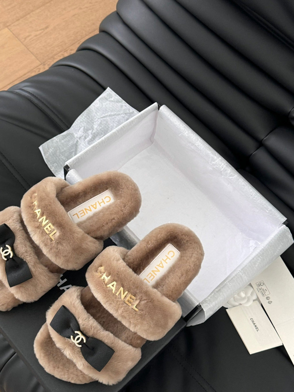 CHANEL DAD SANDAL MULE IN CAMEL BROWN FLEECE WITH GOLD HARDWARE