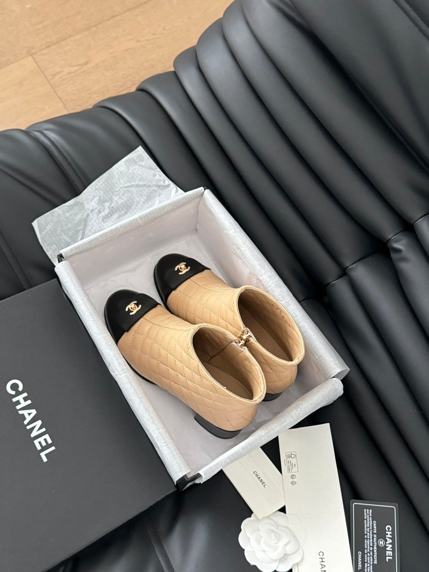 CHANEL SHORT BOOTS 65 MM IN SEPIA BEIGE MIX BLACK QUILTED PATTERN LAMBSKIN