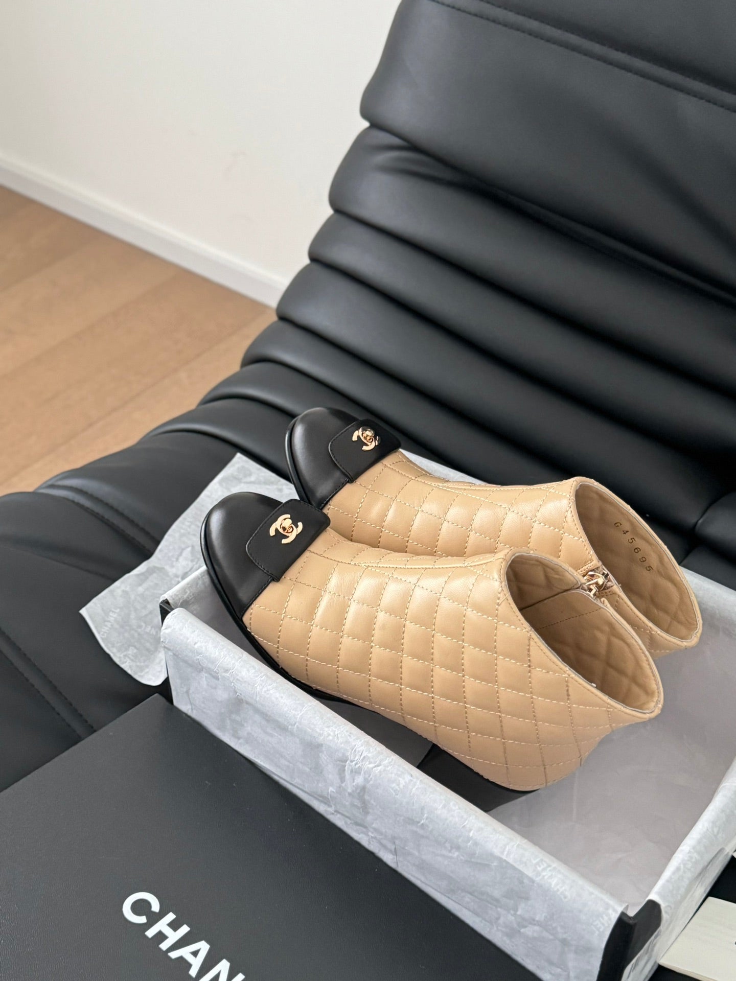 CHANEL SHORT BOOTS 65 MM IN SEPIA BEIGE MIX BLACK QUILTED PATTERN LAMBSKIN