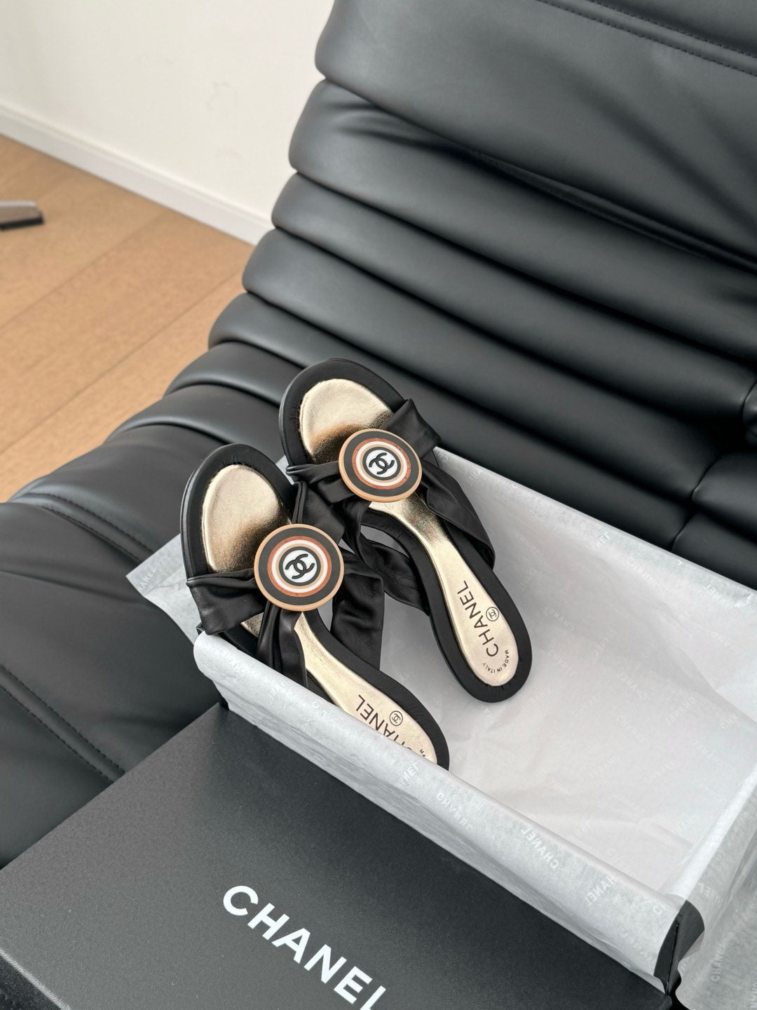 CHANEL BLACK LAMBSKIN  SLIDE SANDALS