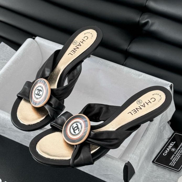 CHANEL BLACK LAMBSKIN  SLIDE SANDALS