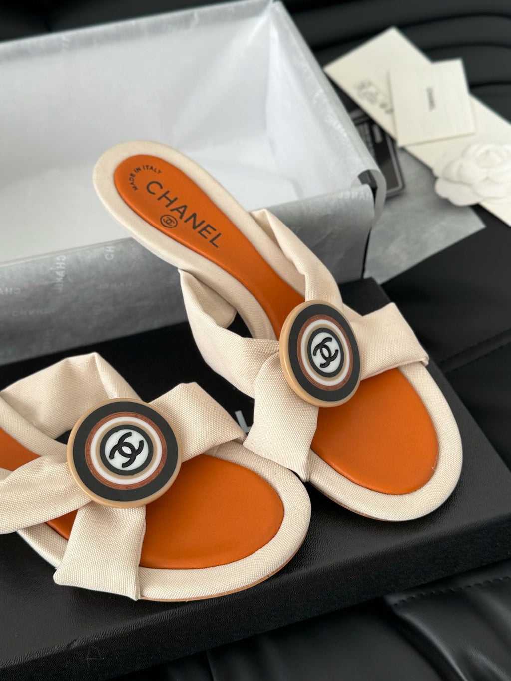 CHANEL VIVID ORANGE FABRIC  SLIDE SANDALS