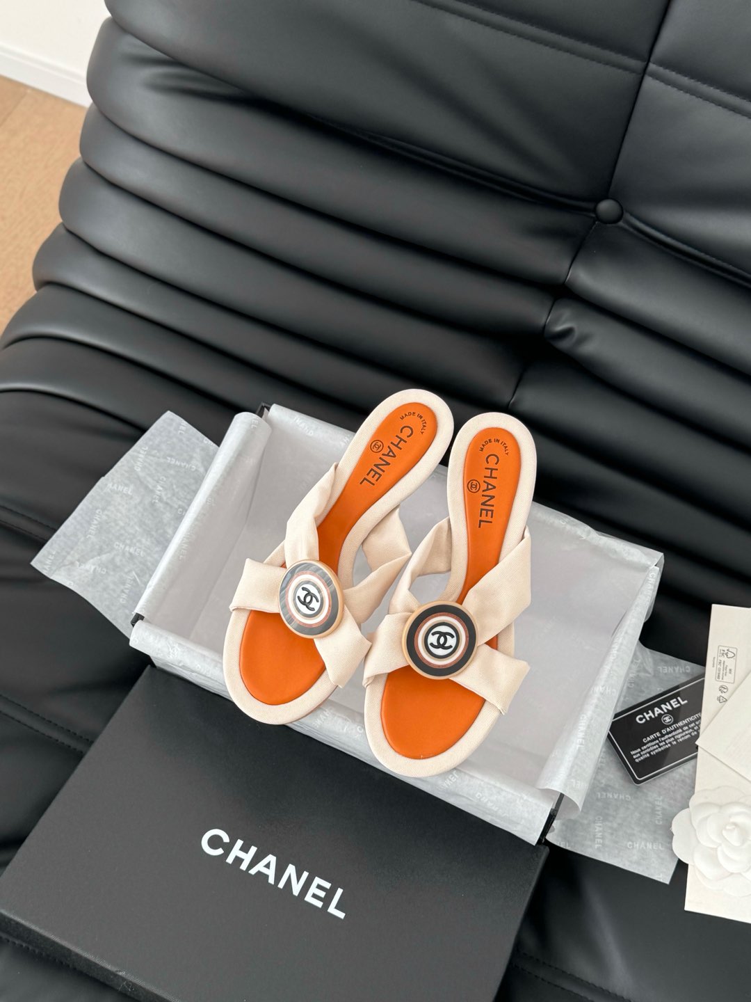 CHANEL VIVID ORANGE FABRIC  SLIDE SANDALS