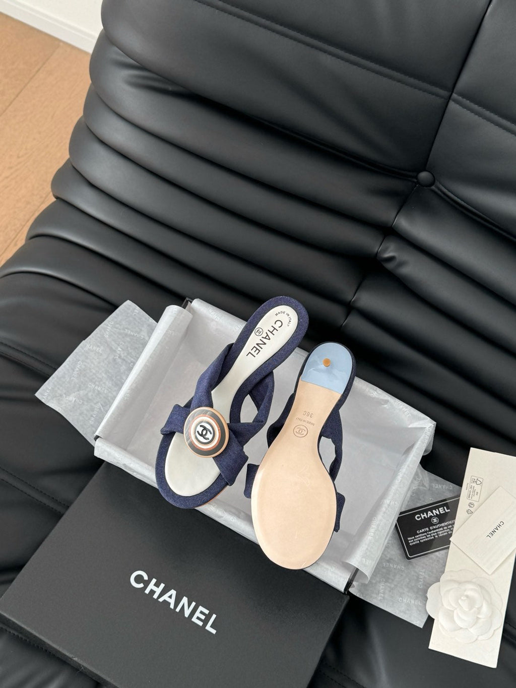 CHANEL NAVY BLUE FABRIC  SLIDE SANDALS