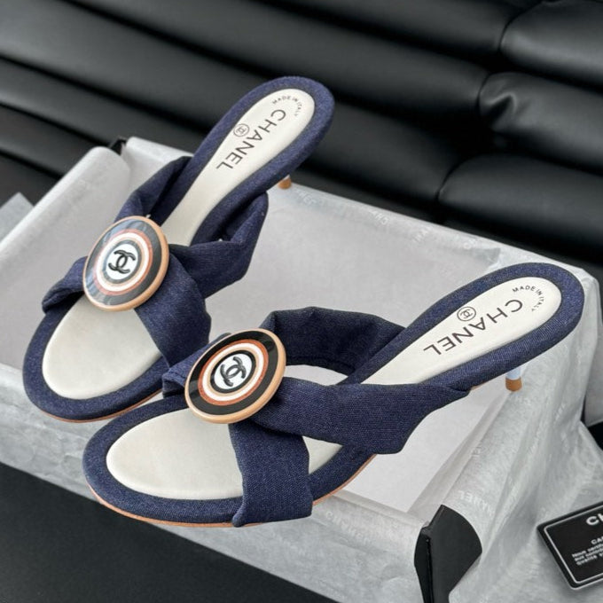 CHANEL NAVY BLUE FABRIC  SLIDE SANDALS