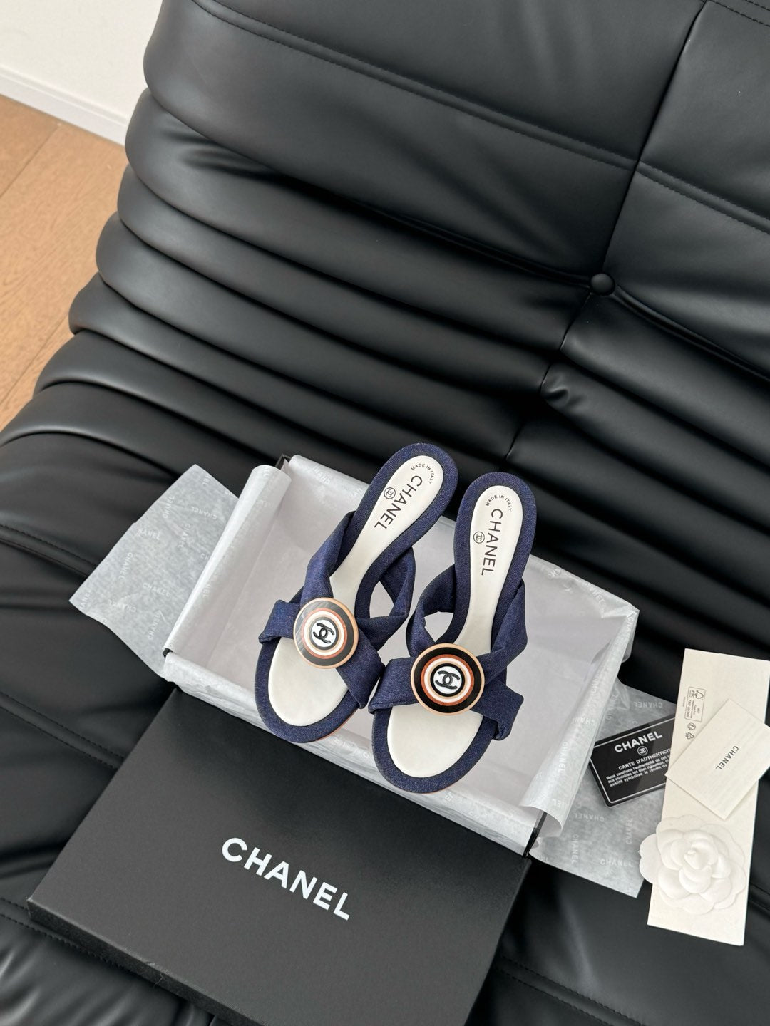 CHANEL NAVY BLUE FABRIC  SLIDE SANDALS