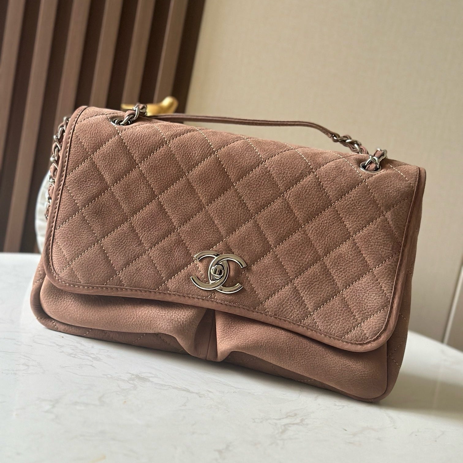 CHANEL 25S FLAP BAG 34 IN BROWN SUEDE