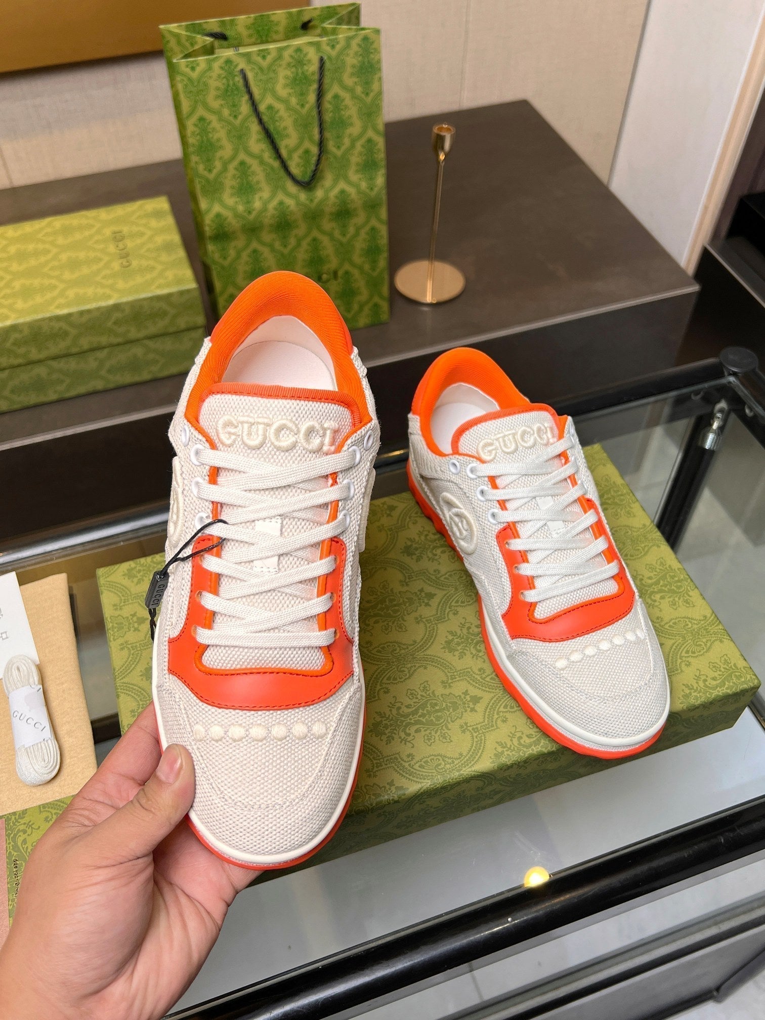 GUCCI MAC80 TRAINER CREAMY WHITE AND ORANGE CALFSKIN